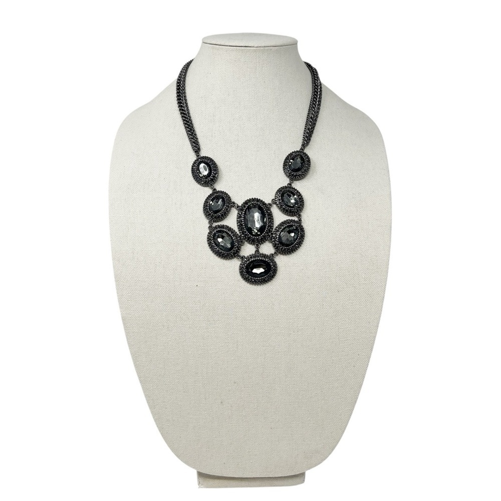 Gunmetal Tone Necklace Grey Semitransparent Faux Stones & Rhinestones.